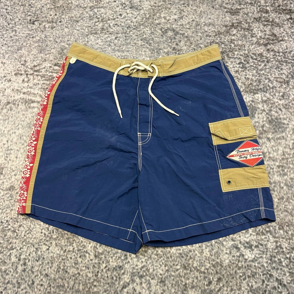 VTG Tommy Hilfiger Board Shorts Mens Large Blue Surf Designs Skater 90s Y2K